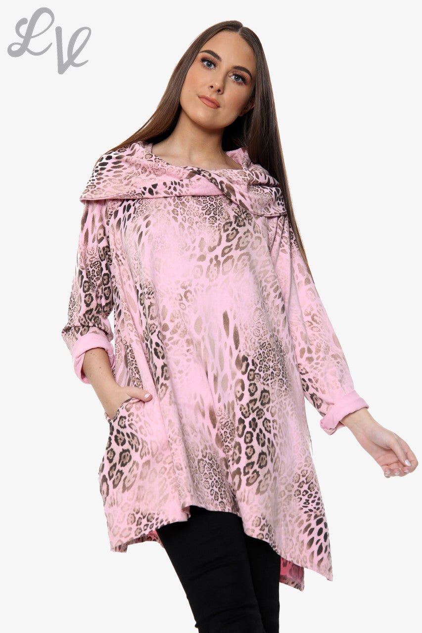 Dames sweatshirt met dierenprint en gedrapeerde schouder roze Stukprijs €13,99