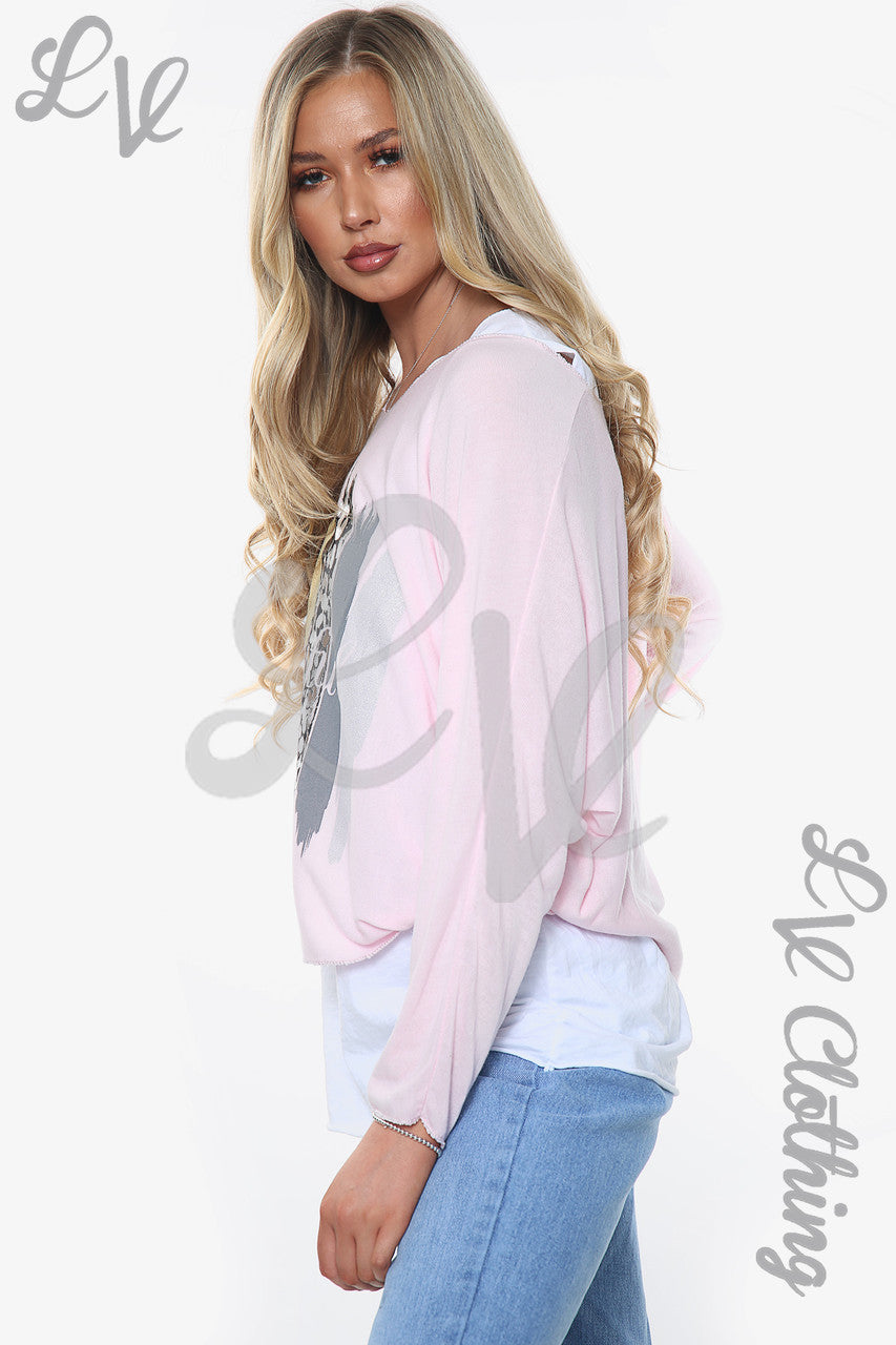 Dames mooie slogan 2-laags top roze per stuk £10,99