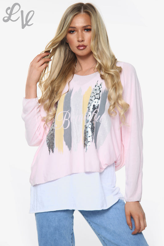 Ladies Beautiful Slogan 2 Layer Top Pink Unit Price £10.99