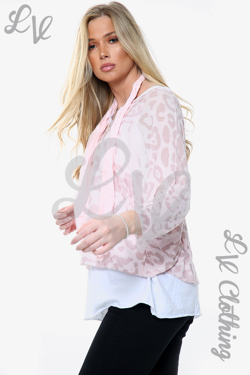 Dames luipaardprint 2-laags top met bijpassende sjaal roze stukprijs £ 11,99