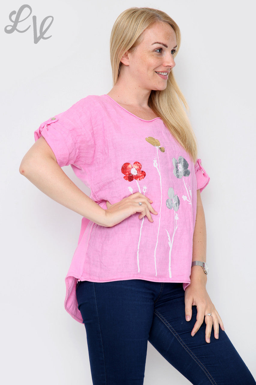 Ladies Foil Flowers Top Pink Unit Price £11.99