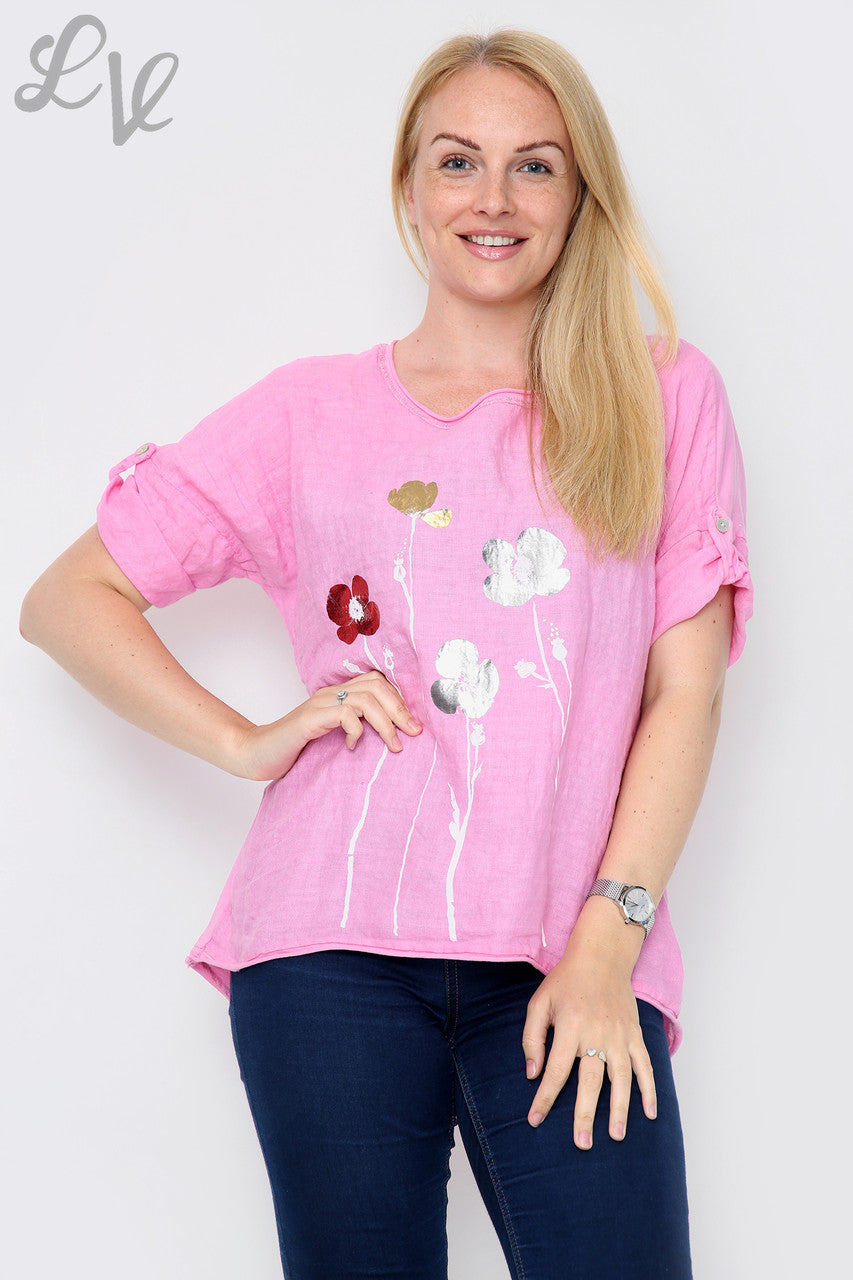 Ladies Foil Flowers Top Pink Unit Price £11.99
