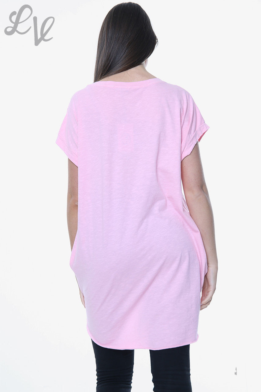 Dames Linnen Voorkant & Katoen Achterkant Folie Hartjes Top Roze Stukprijs €9,99