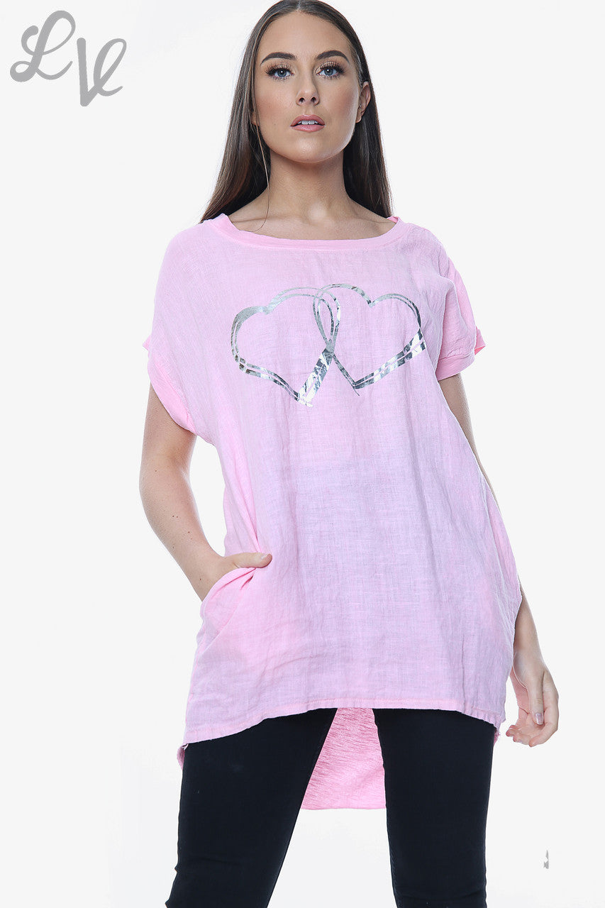 Dames Linnen Voorkant & Katoen Achterkant Folie Hartjes Top Roze Stukprijs €9,99