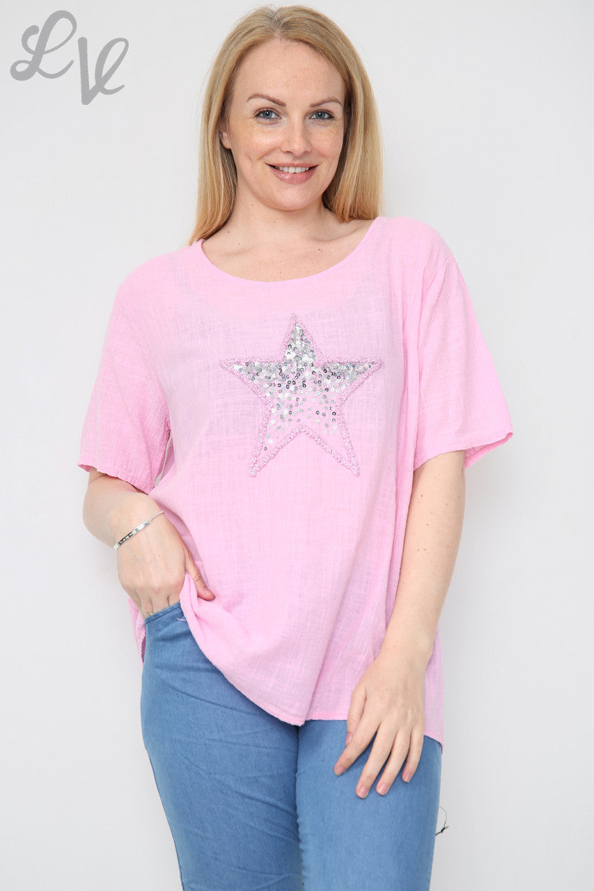 Dames sterren pailletten top roze stukprijs €8,99