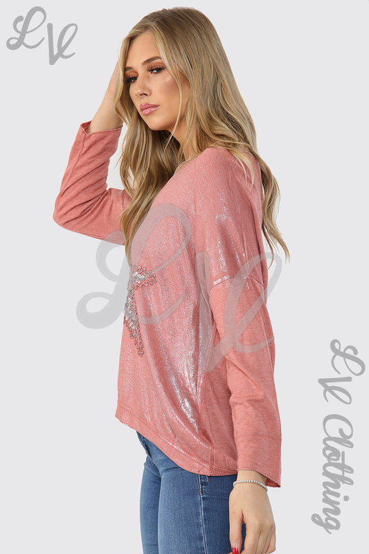 Pink shimmer star embroidered long-sleeve top with round neck, relaxed fit