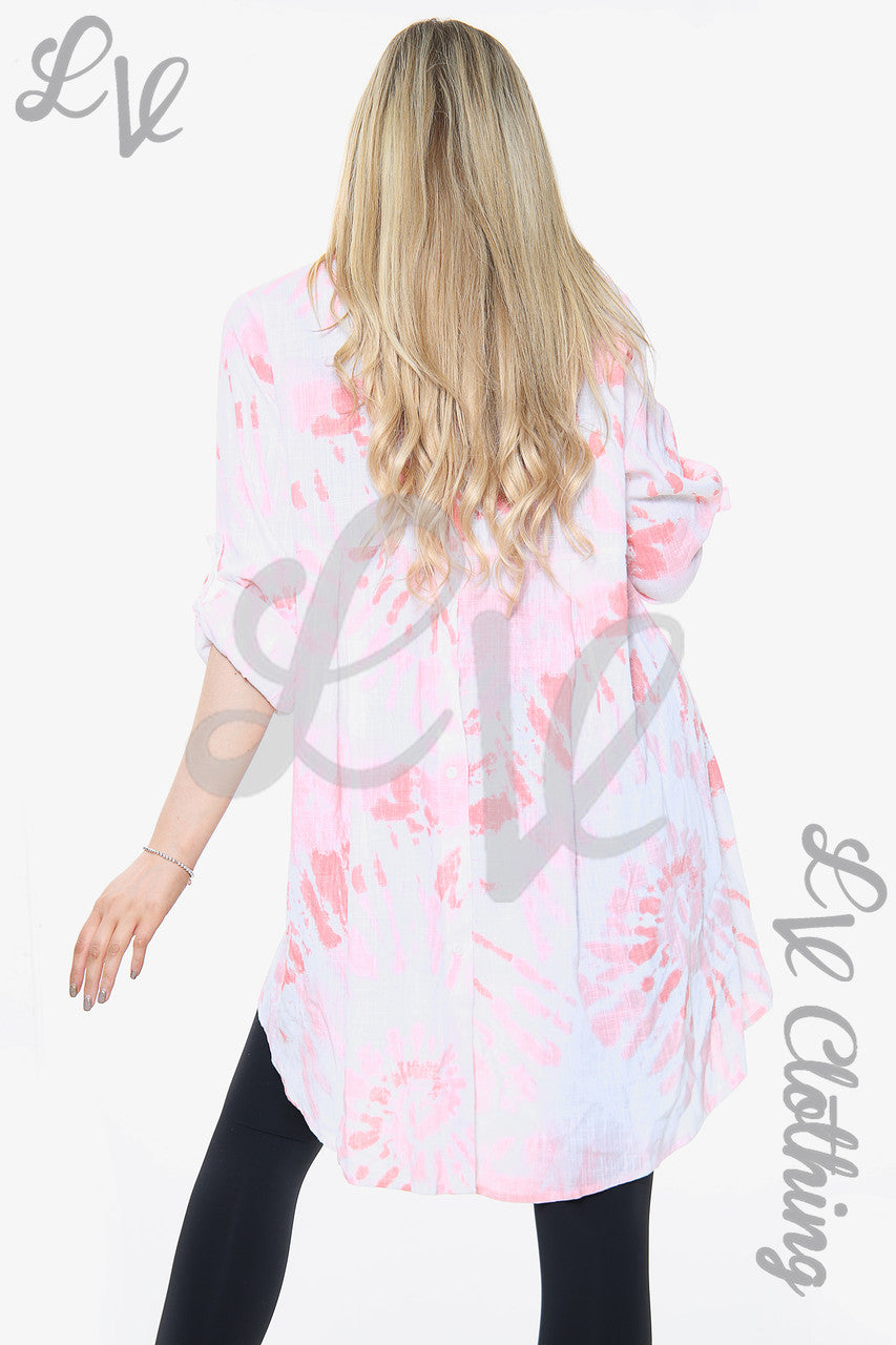 Dames Tie Dye Swirl Print Tuniek Top Met Knoopdetail Achterkant Roze Stukprijs £ 10,99