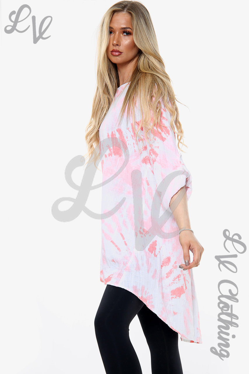Dames Tie Dye Swirl Print Tuniek Top Met Knoopdetail Achterkant Roze Stukprijs £ 10,99