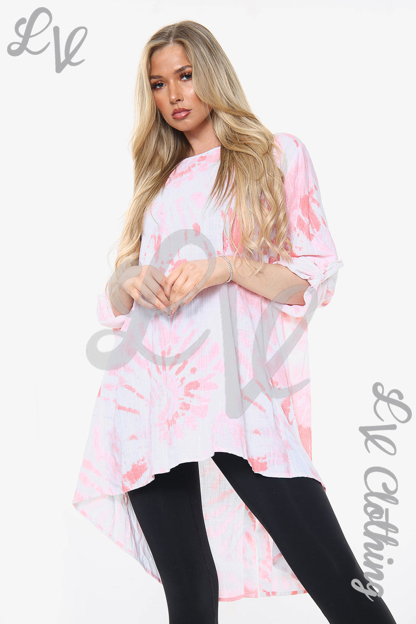 Dames Tie Dye Swirl Print Tuniek Top Met Knoopdetail Achterkant Roze Stukprijs £ 10,99