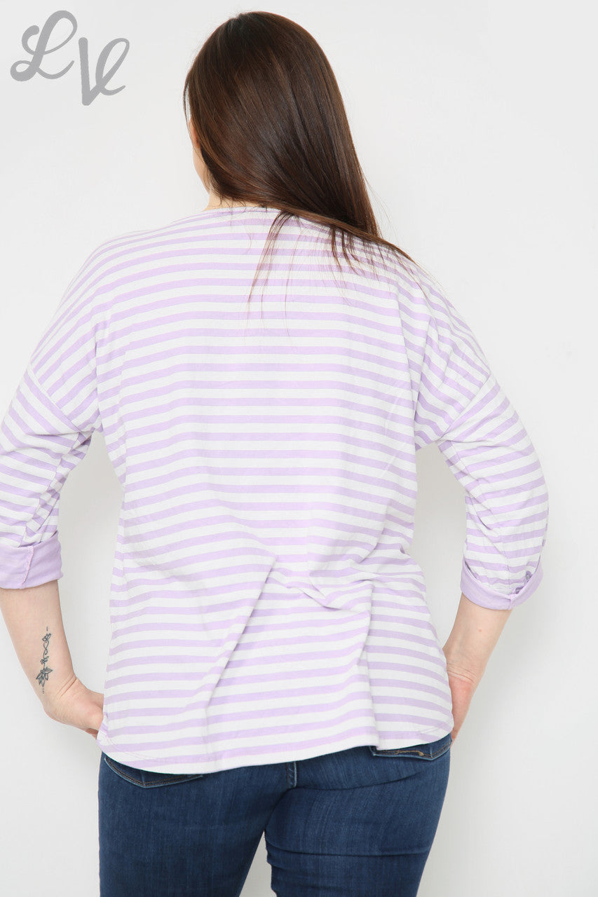 Dames gestreepte top met oprolmouwen paars Prijs per stuk €4,99
