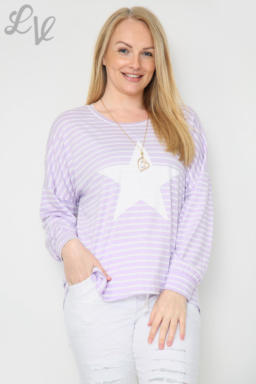 Dames gestreepte & sterrentop paars per stuk €8,99