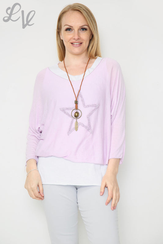 Ladies Glitter Star 2 Layer Top With Necklace Purple Unit Price £8.99