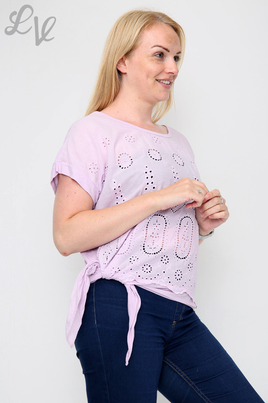Dames Anglaise Top met Strik aan de Zijkant Paars - Stukprijs € 10,99