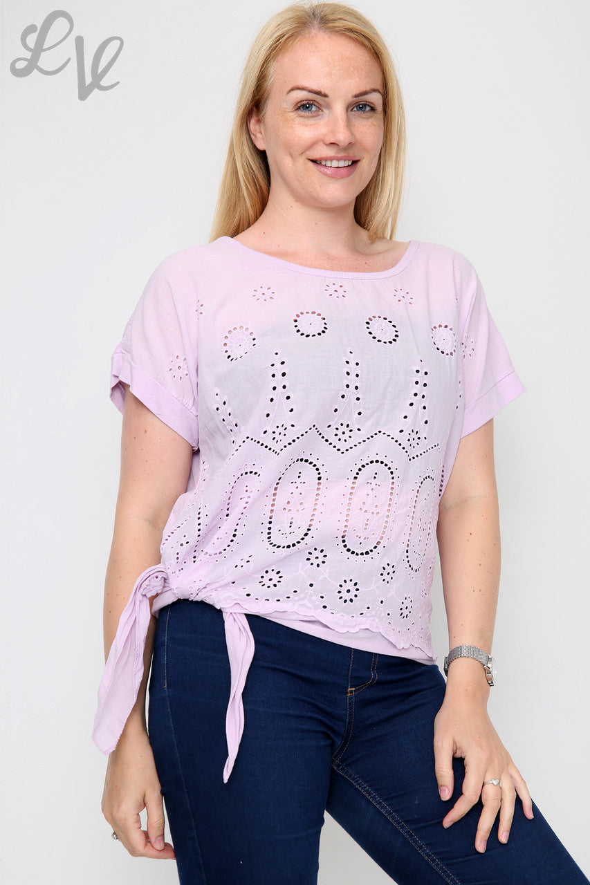 Dames Anglaise Top met Strik aan de Zijkant Paars - Stukprijs € 10,99