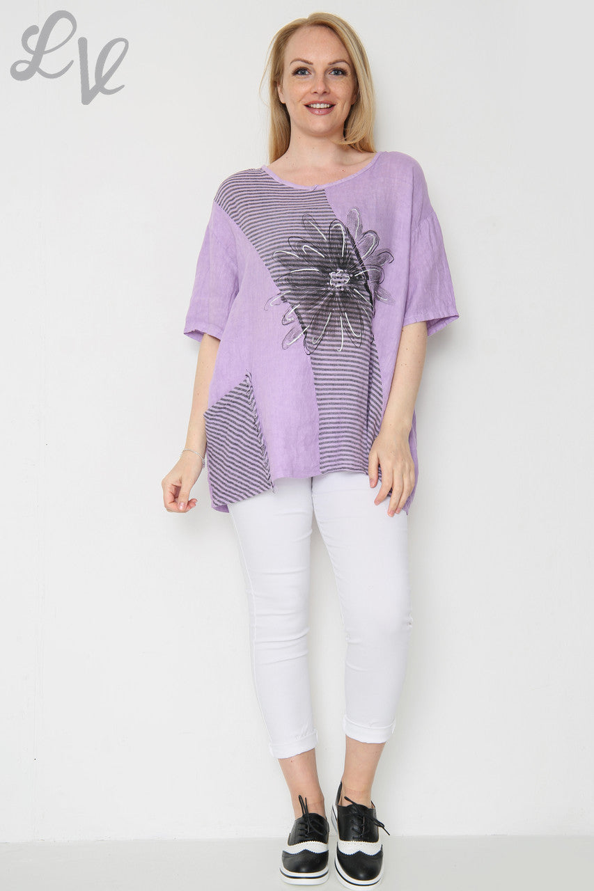 Dames Linnen Top met Bloemen- en Streepmotief Paars Per stuk £13.99