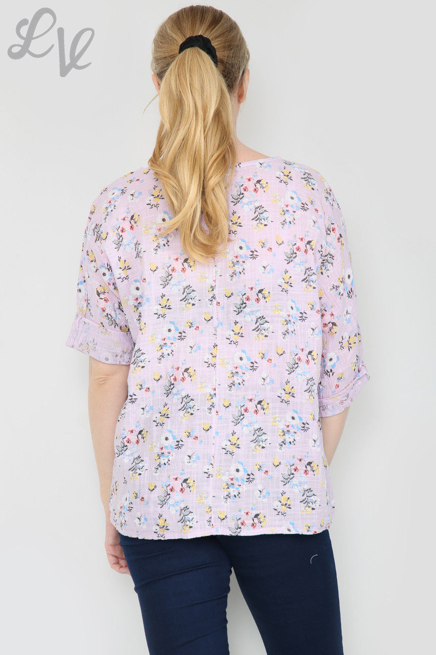 Dames top met bloemenprint en ronde hals paars Stukprijs € 7,99
