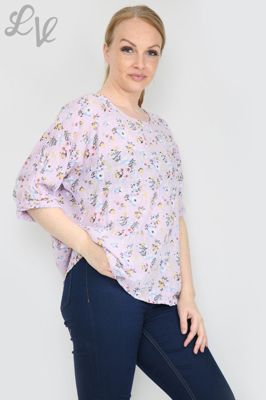 Dames top met bloemenprint en ronde hals paars Stukprijs € 7,99