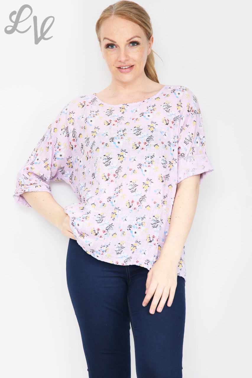Dames top met bloemenprint en ronde hals paars Stukprijs € 7,99