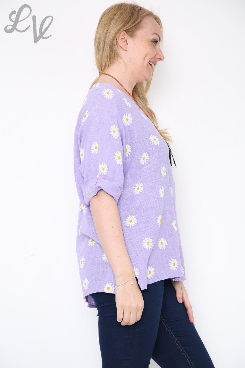 Dames top met ditsy madeliefjesprint en ketting paars per stuk £8,99