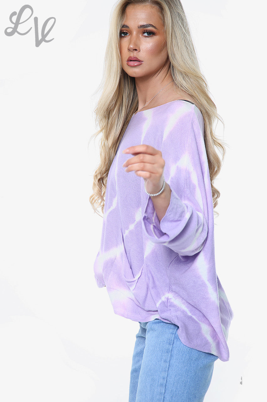 Dames tie-dye top van fijn gebreid materiaal, paars, per stuk € 14,99