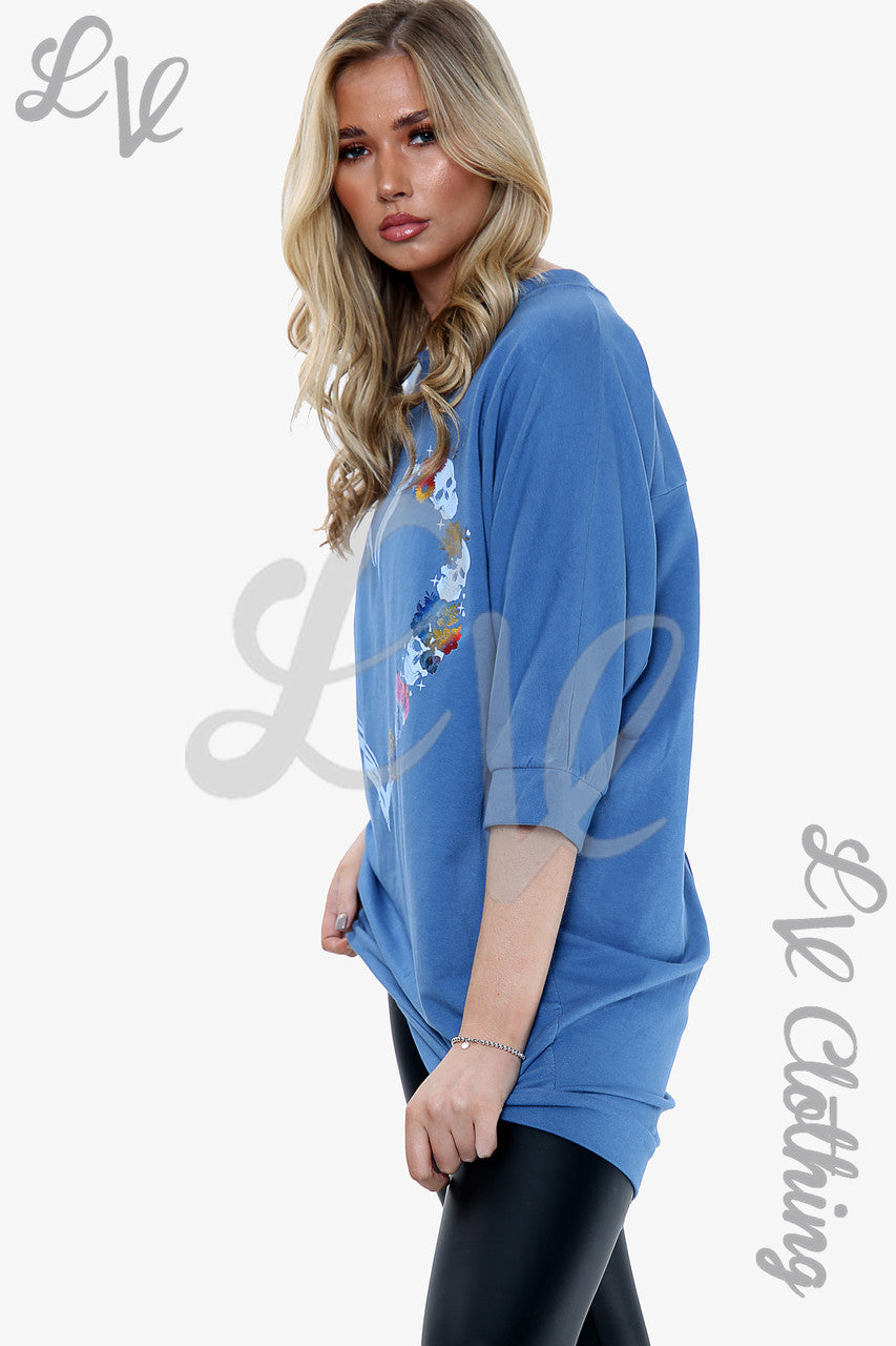 Dames Top met doodshoofd en hart, koningsblauw, prijs per eenheid € 14,99