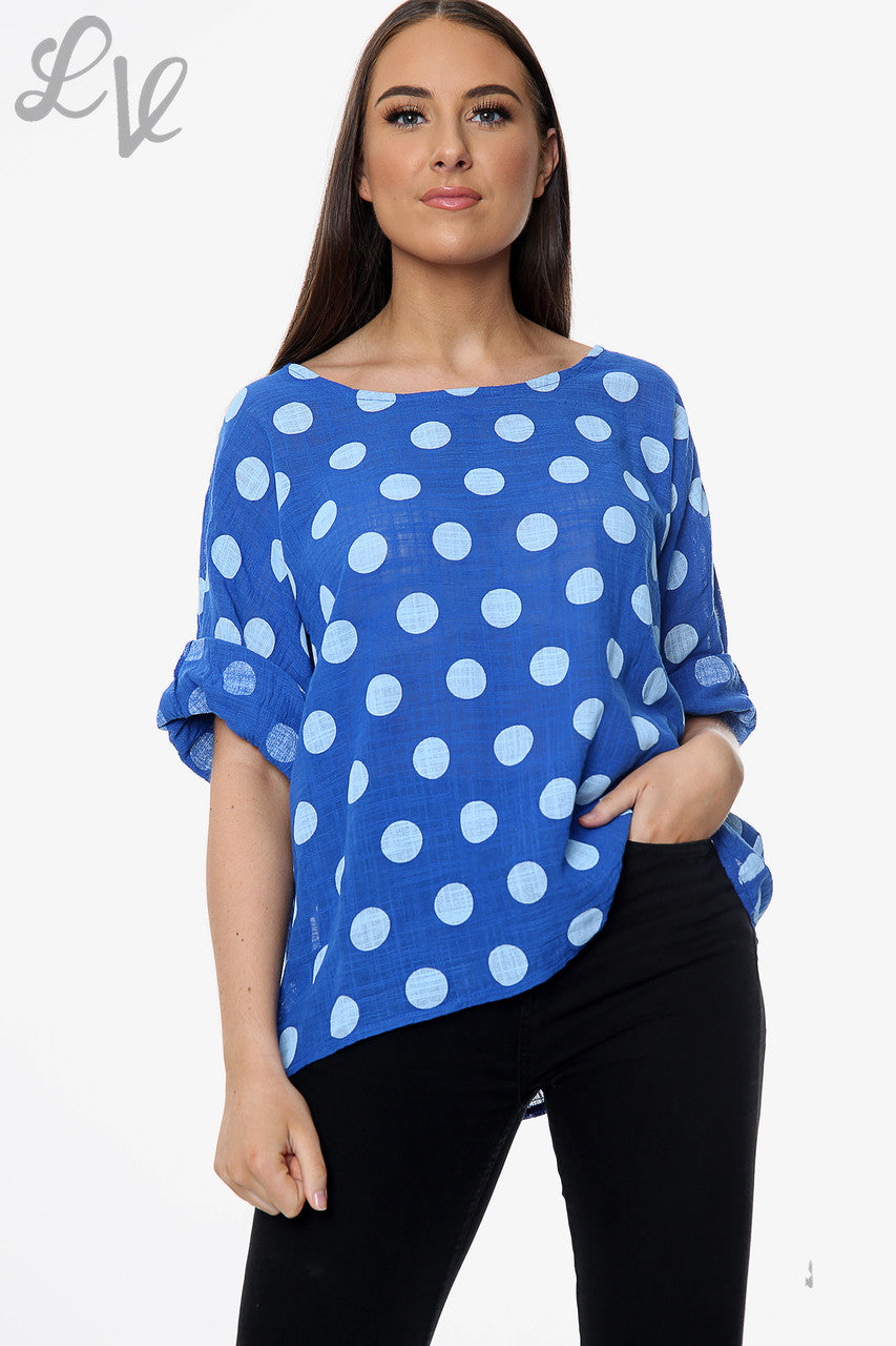 Dames Effen Top met Polka Dots Koningsblauw Prijs per stuk €7,99