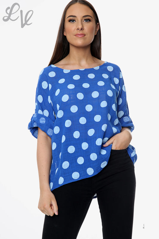 Ladies Polka Dot Simple Top Royal Blue Unit Price £7.99