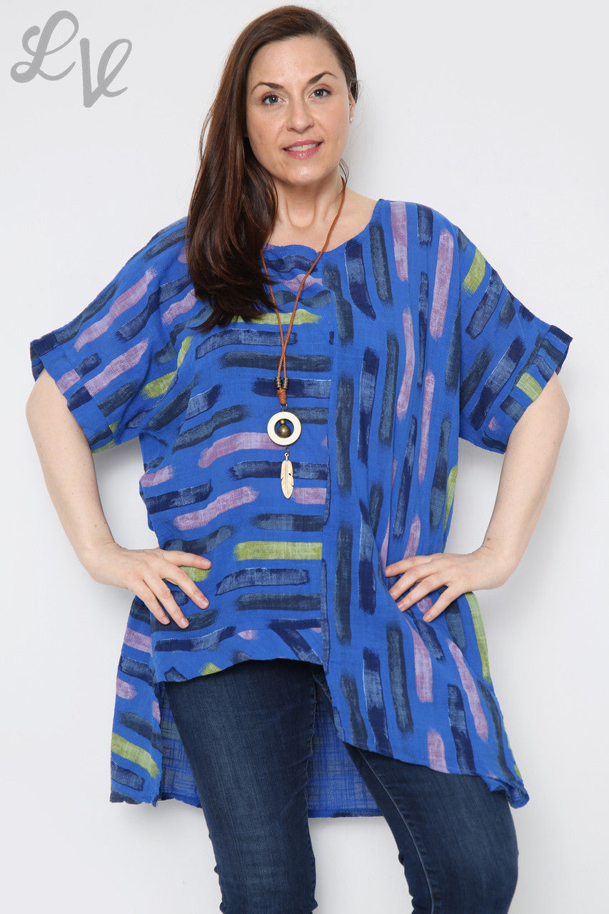 Dames top met streepjesprint en asymmetrische zoom koningsblauw Eenheidsprijs £8,99