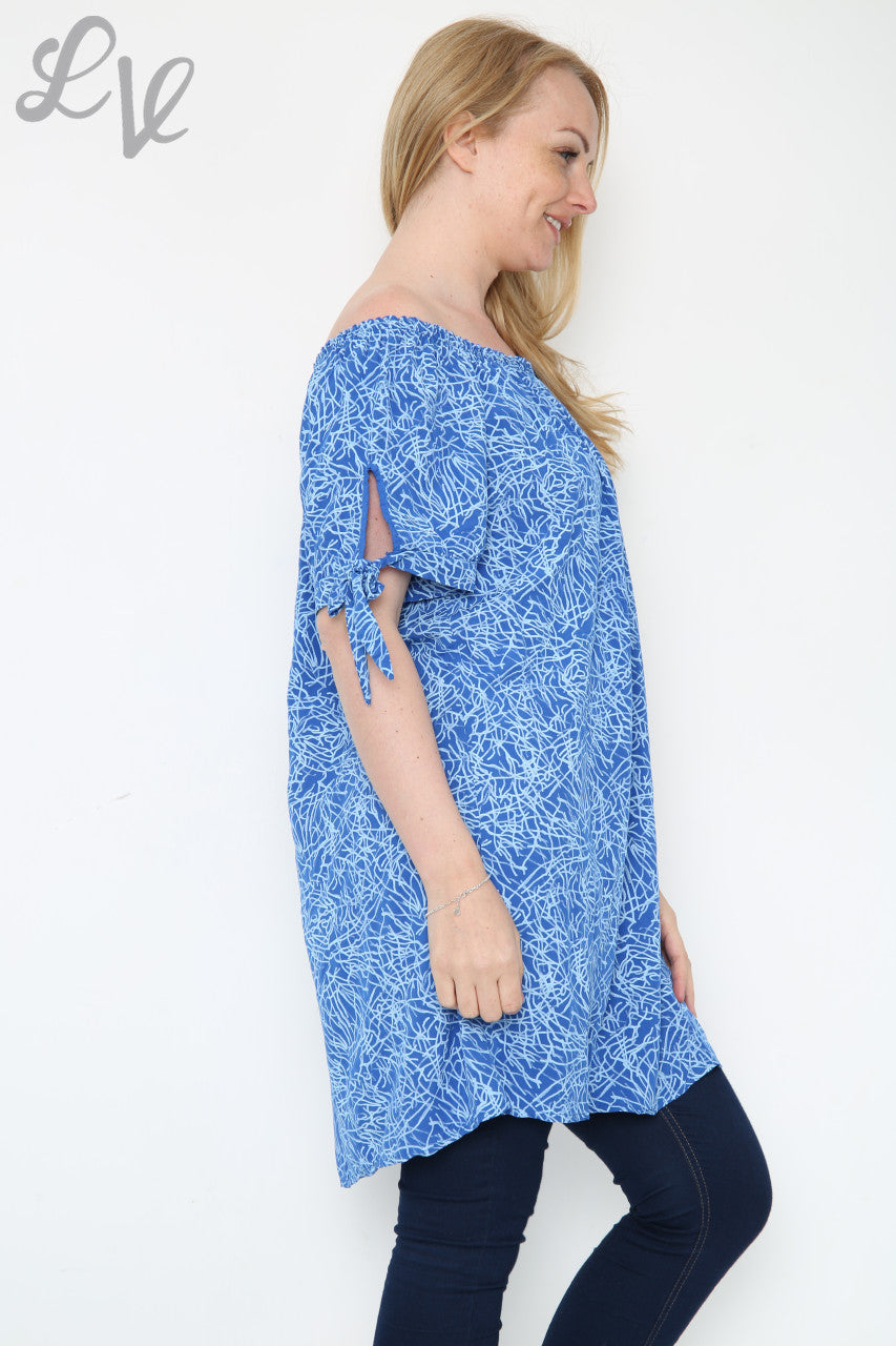 Dames off-shoulder bedrukte top koningsblauw Eenheidsprijs € 12,99