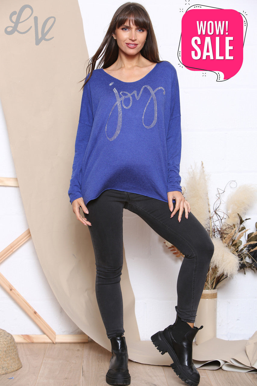 Ladies Sequin Joy Script Fine Knit Jumper Top Royal Blue