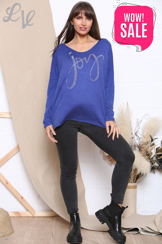 Dames Sequin Joy Script Fijne Gebreide Trui Top Koningsblauw