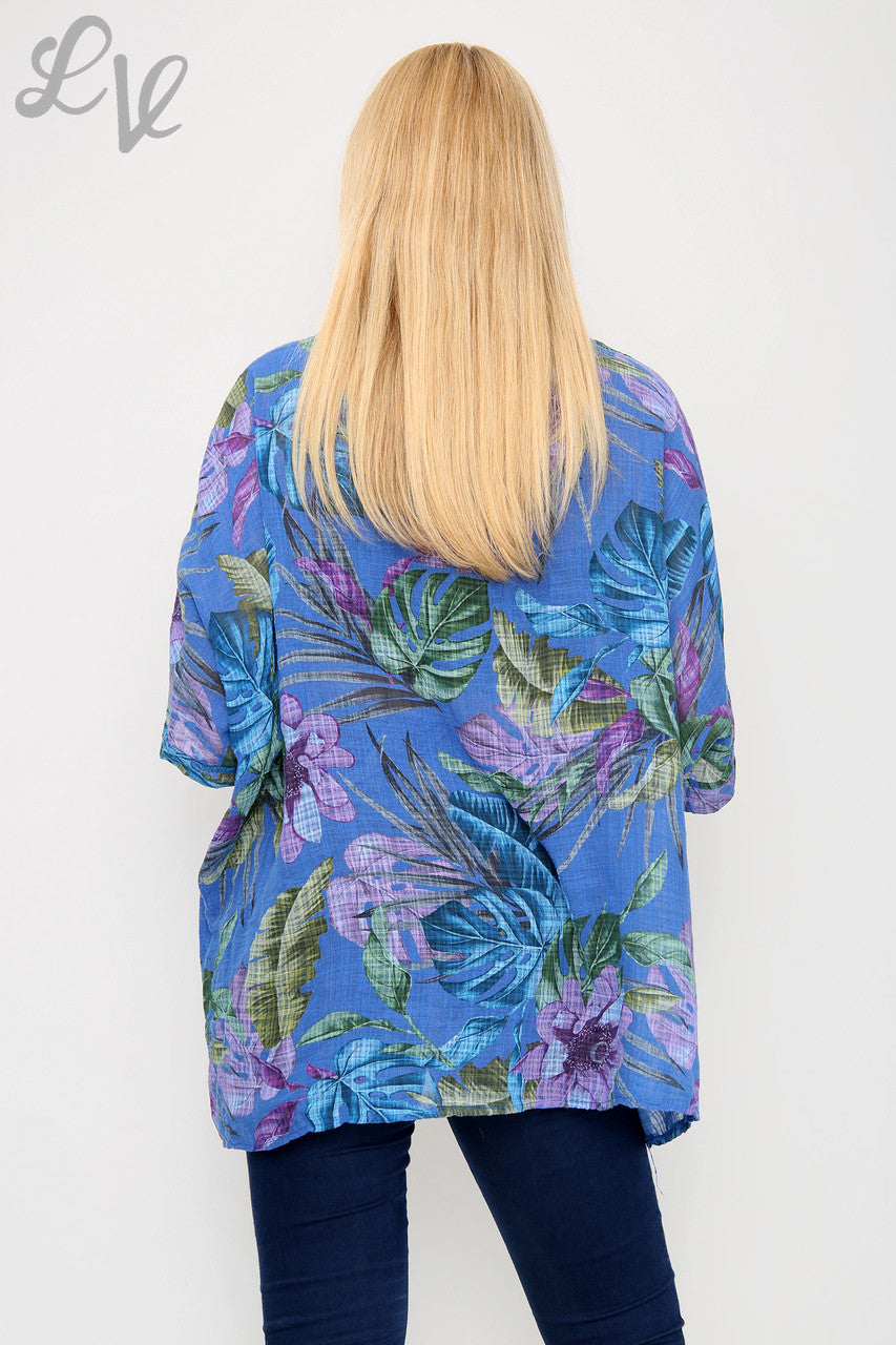 Dames top met tropische print koningsblauw - Prijs per stuk €9,99
