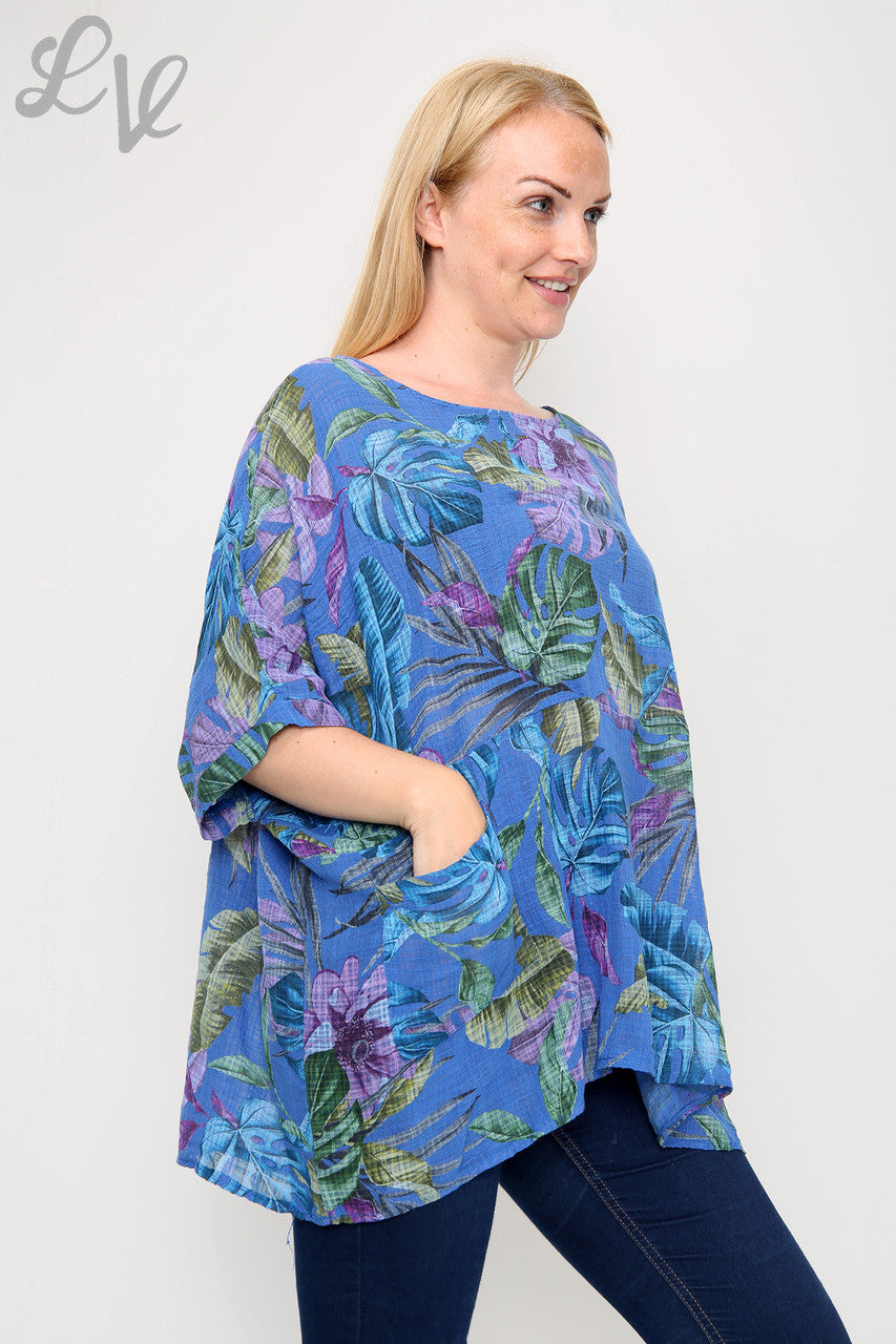 Dames top met tropische print koningsblauw - Prijs per stuk €9,99