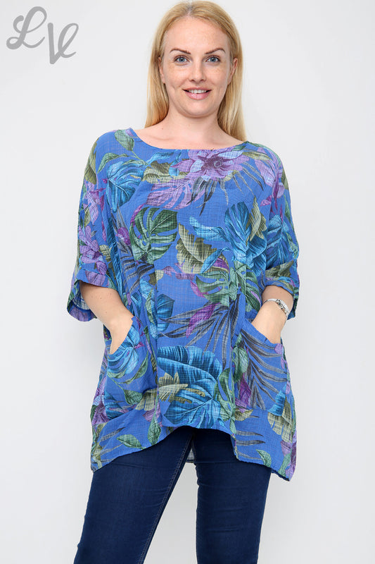 Ladies Tropical Print Top Royal Blue - Unit Price £9.99