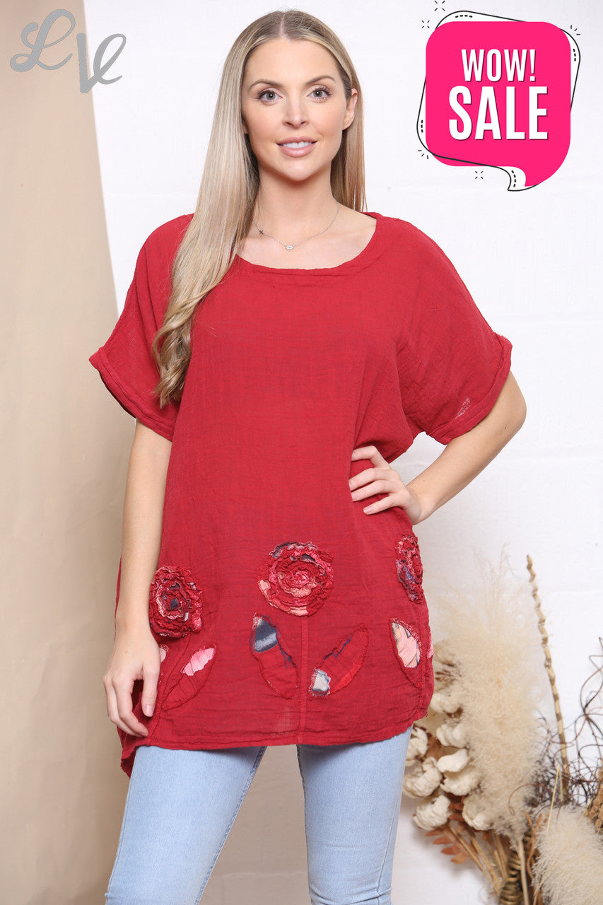 Ladies Patchwork Flowers Hem Top Red
