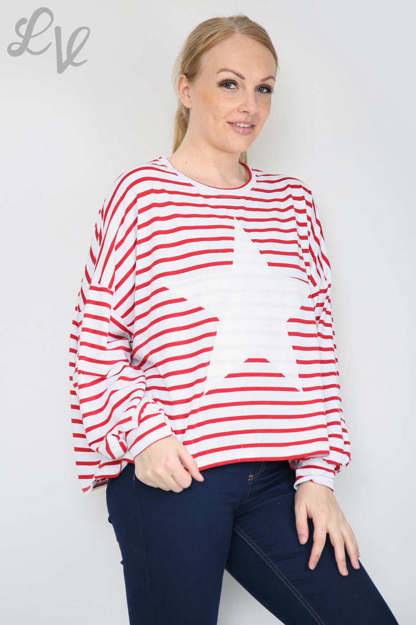 Dames gestreepte top met sterren lange mouw rood eenheidsprijs €9,99