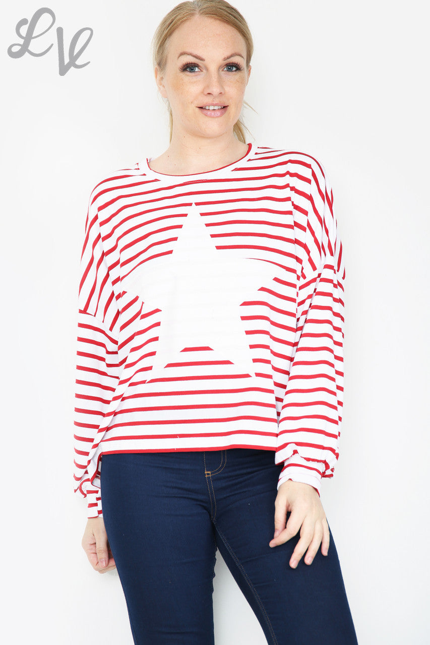 Dames gestreepte top met sterren lange mouw rood eenheidsprijs €9,99