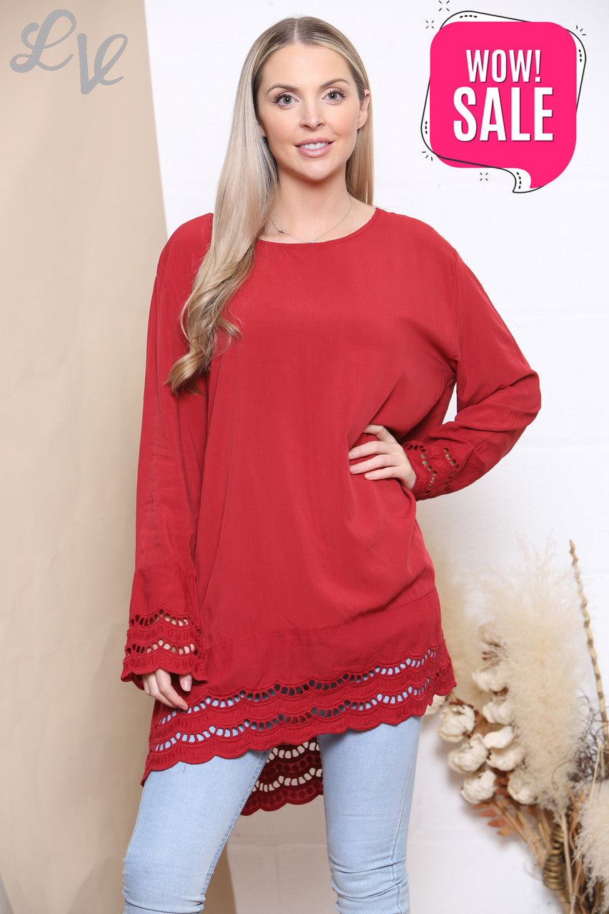 Dames Top met Kanten Zoom en Mouwen Rood