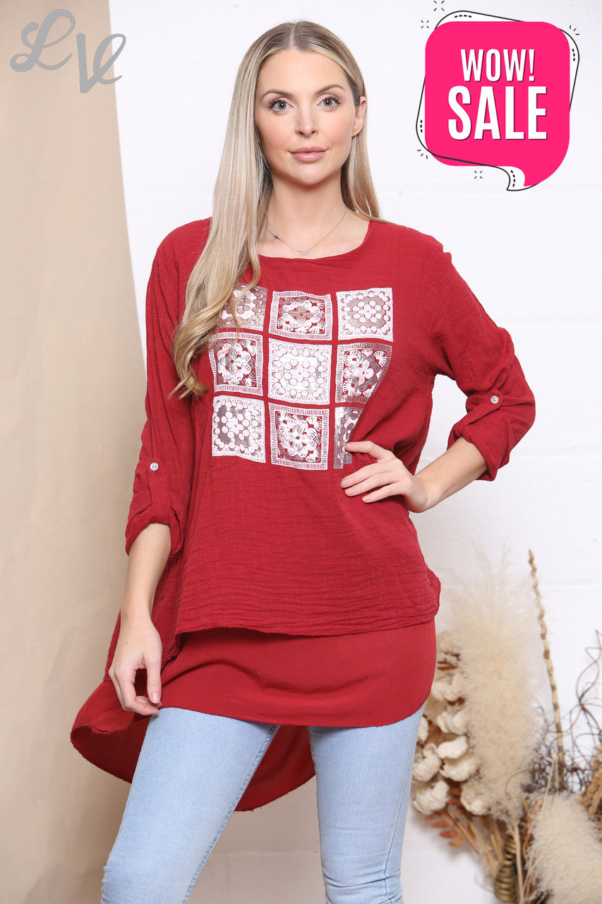 Ladies Mosaic Print Top Red