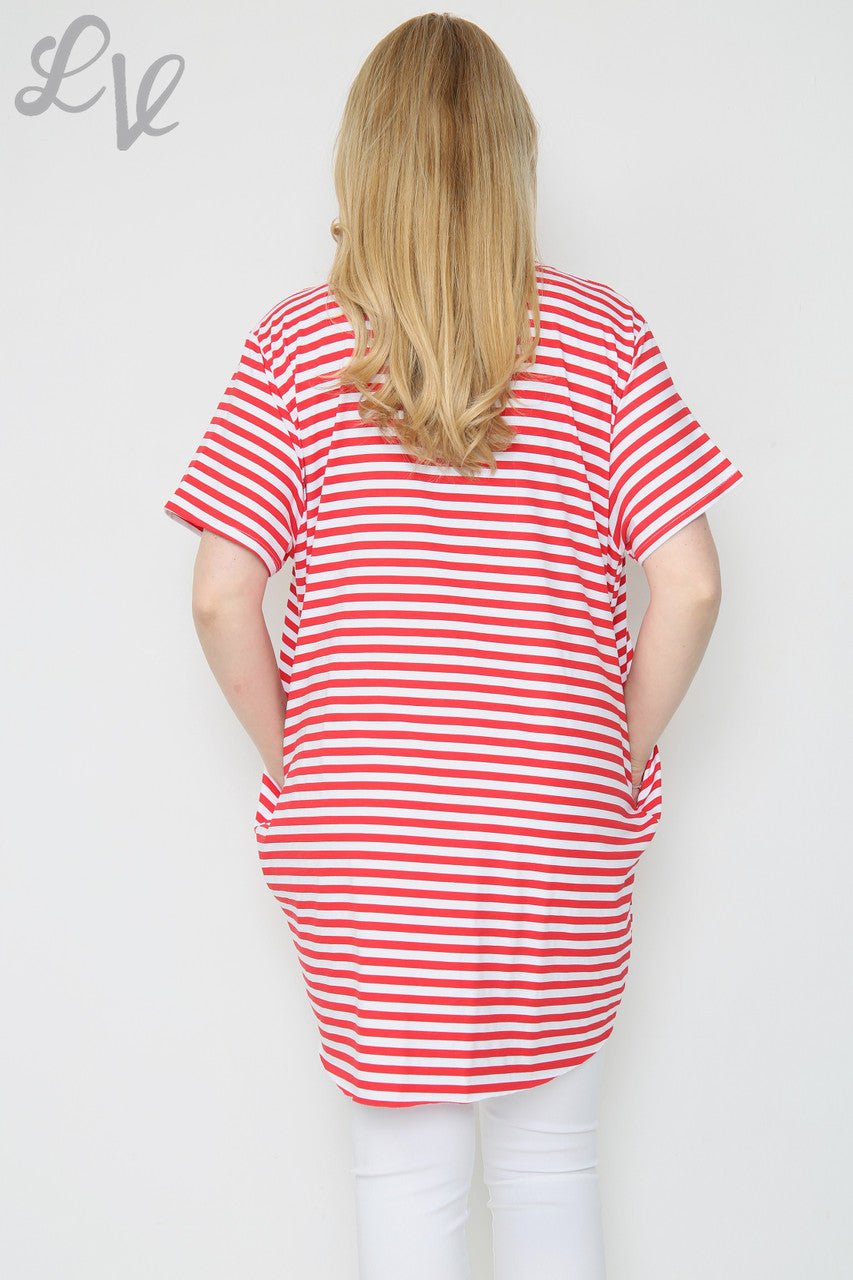 Dames gestreepte top met korte mouwen en sterren rood eenheidsprijs £8.99