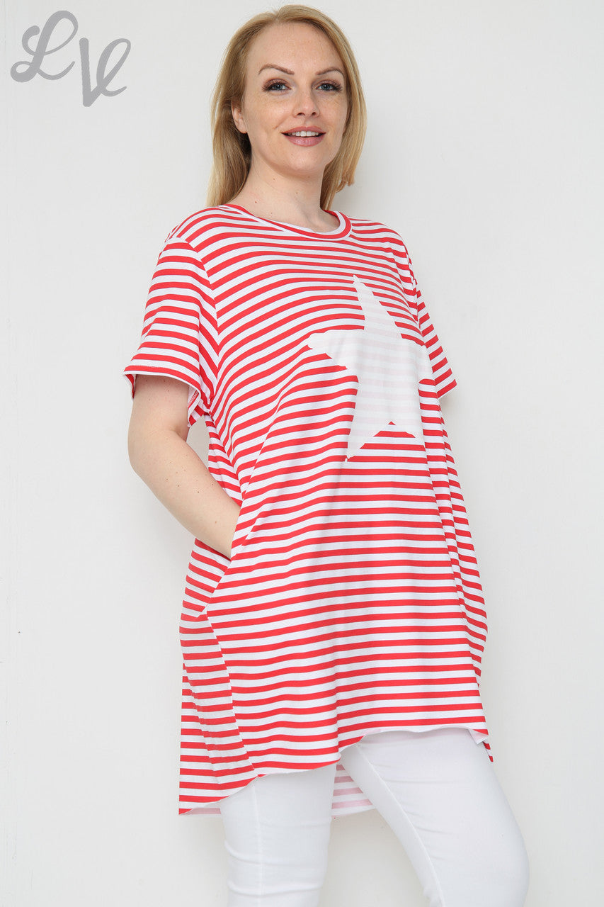 Dames gestreepte top met korte mouwen en sterren rood eenheidsprijs £8.99