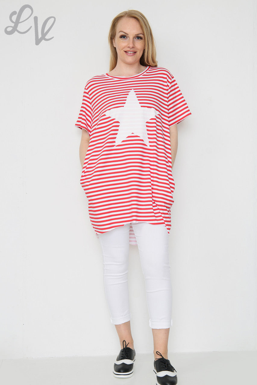 Dames gestreepte top met korte mouwen en sterren rood eenheidsprijs £8.99