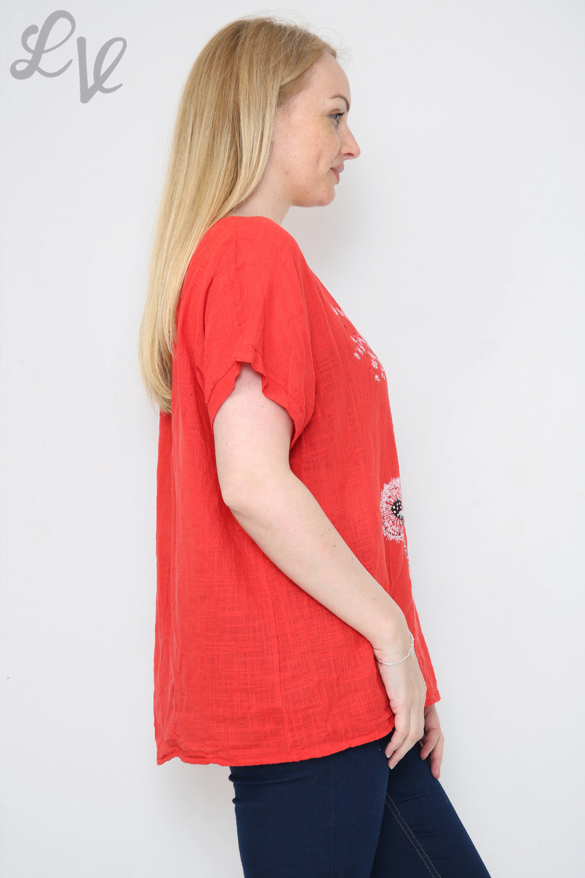 Dames Top met Paardenbloemprint Rood Stukprijs €8,99