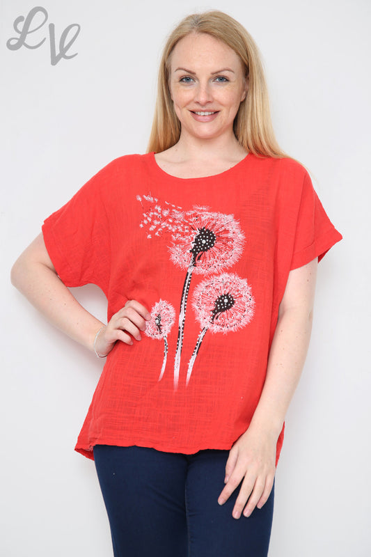 Ladies Dandelion Flower Print Top Red Unit Price £8.99