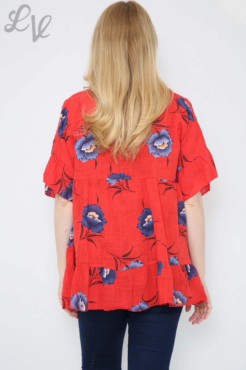Dames Top Rode Bloemenprint Bloesem Prijs per eenheid € 7,99