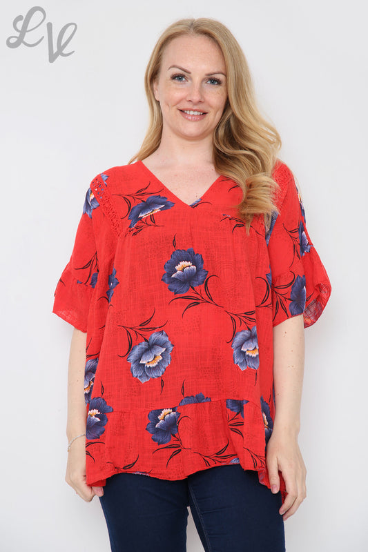 Ladies Flower Stem Print Top Red Unit Price £7.99