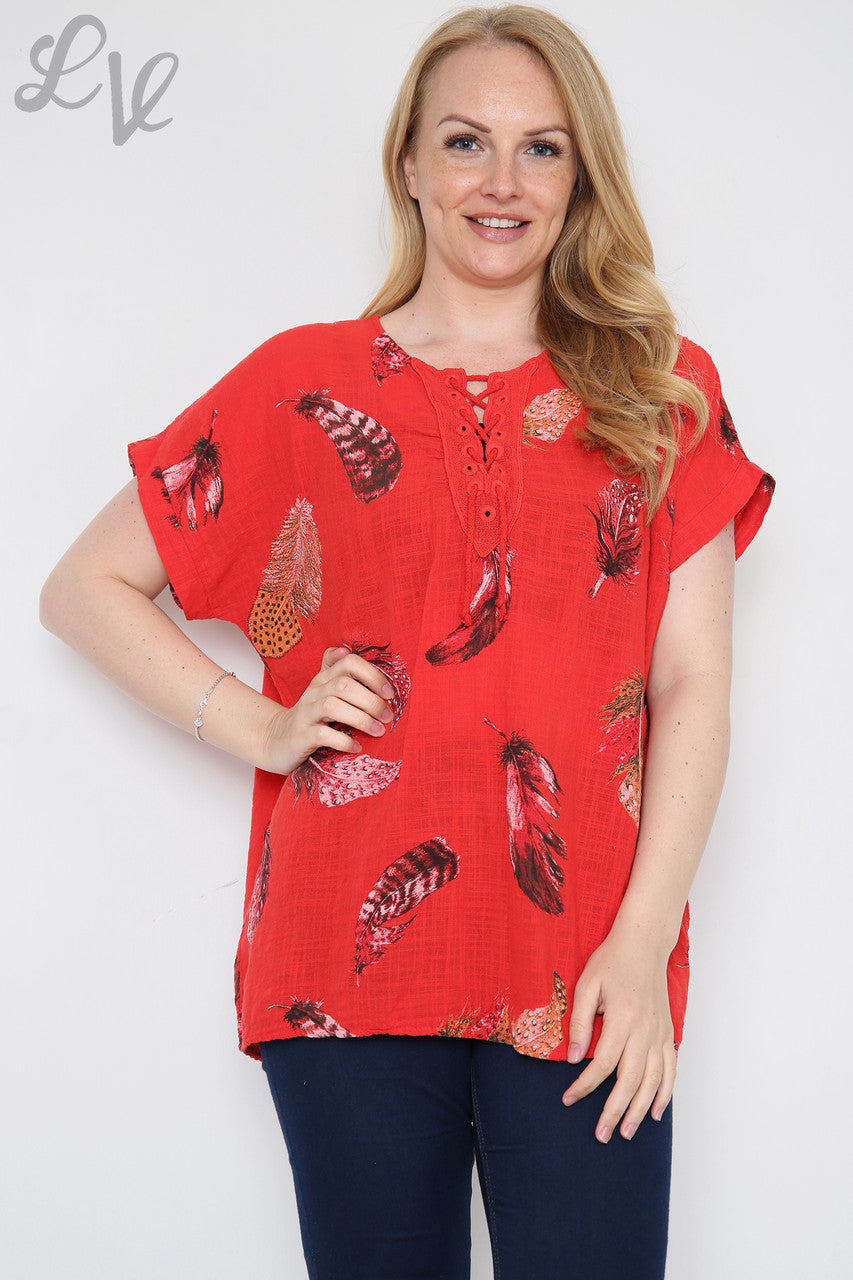 Dames Top met Kleurrijke Verenprint Rood Stukprijs € 9,99