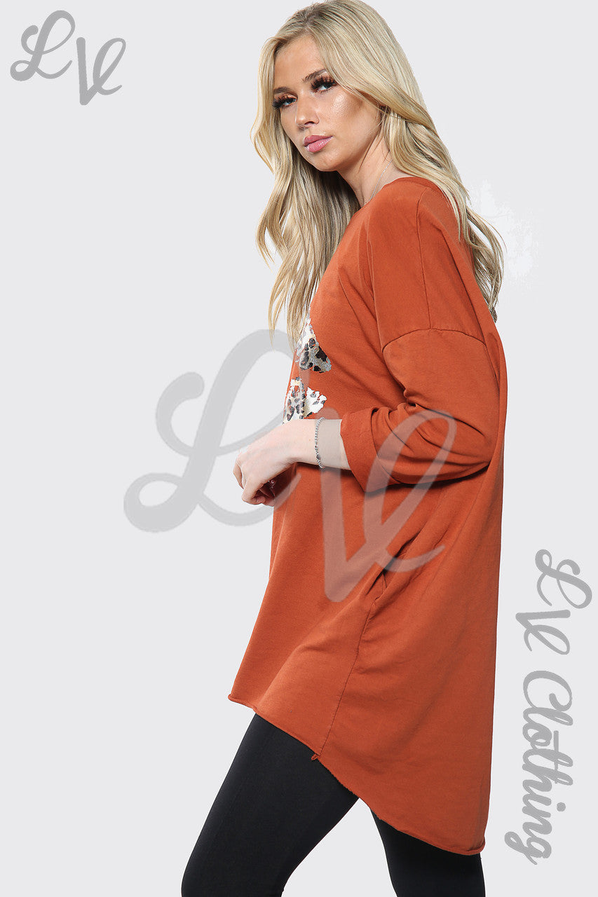 Ladies Leopard Lips Print Batwing Oversized Top Rust Unit Price £14.99