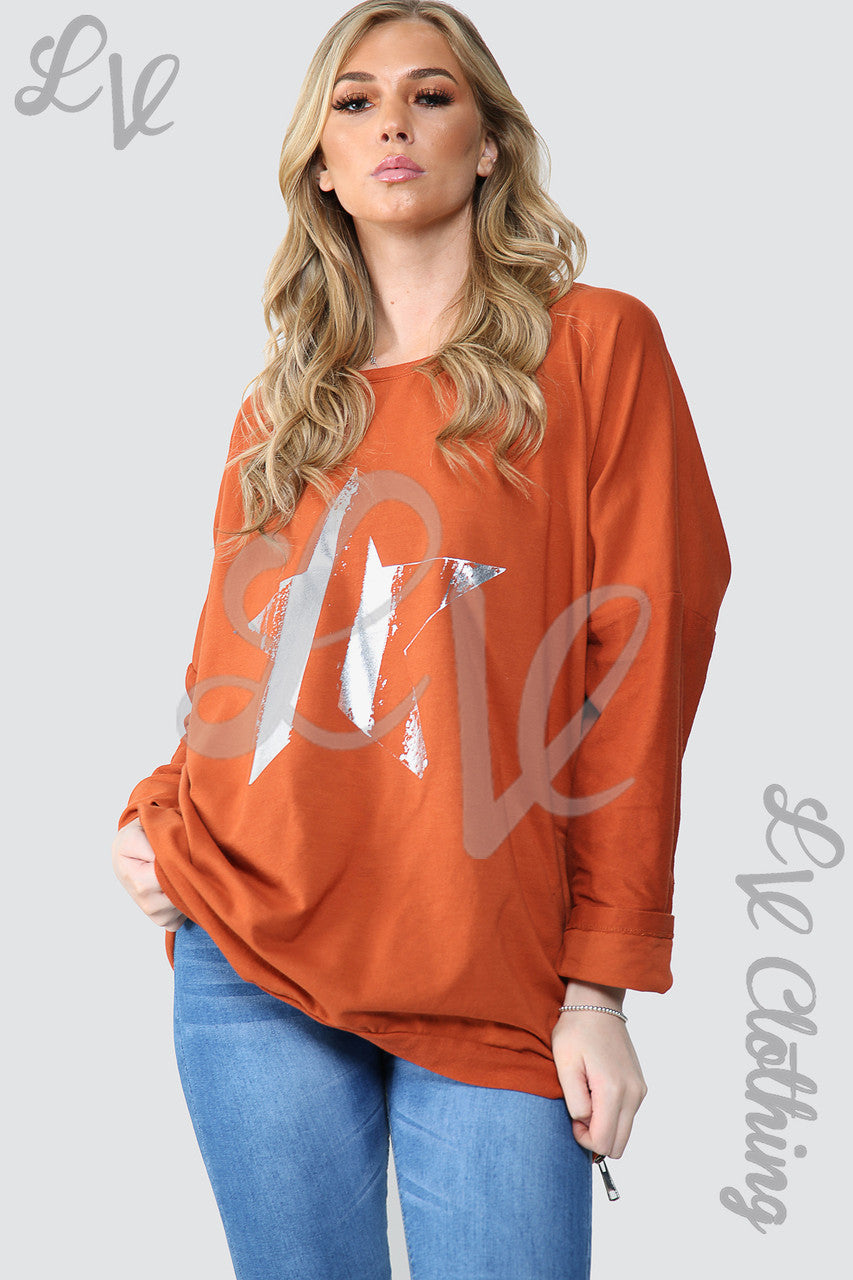 Ladies Foil Star Graphic Sweatshirt Tunic Top Rust - Unit Price £15.99