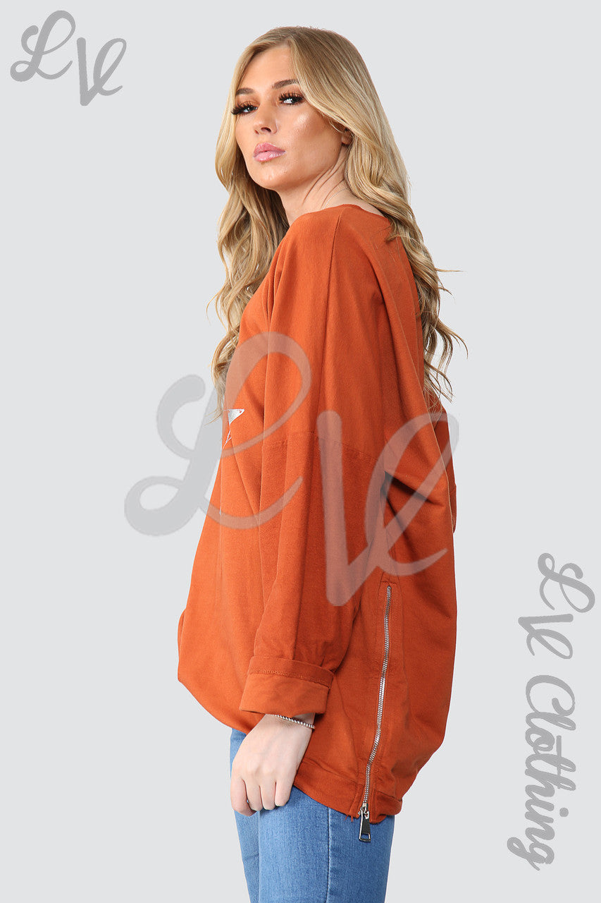 Ladies Foil Star Graphic Sweatshirt Tunic Top Rust - Unit Price £15.99